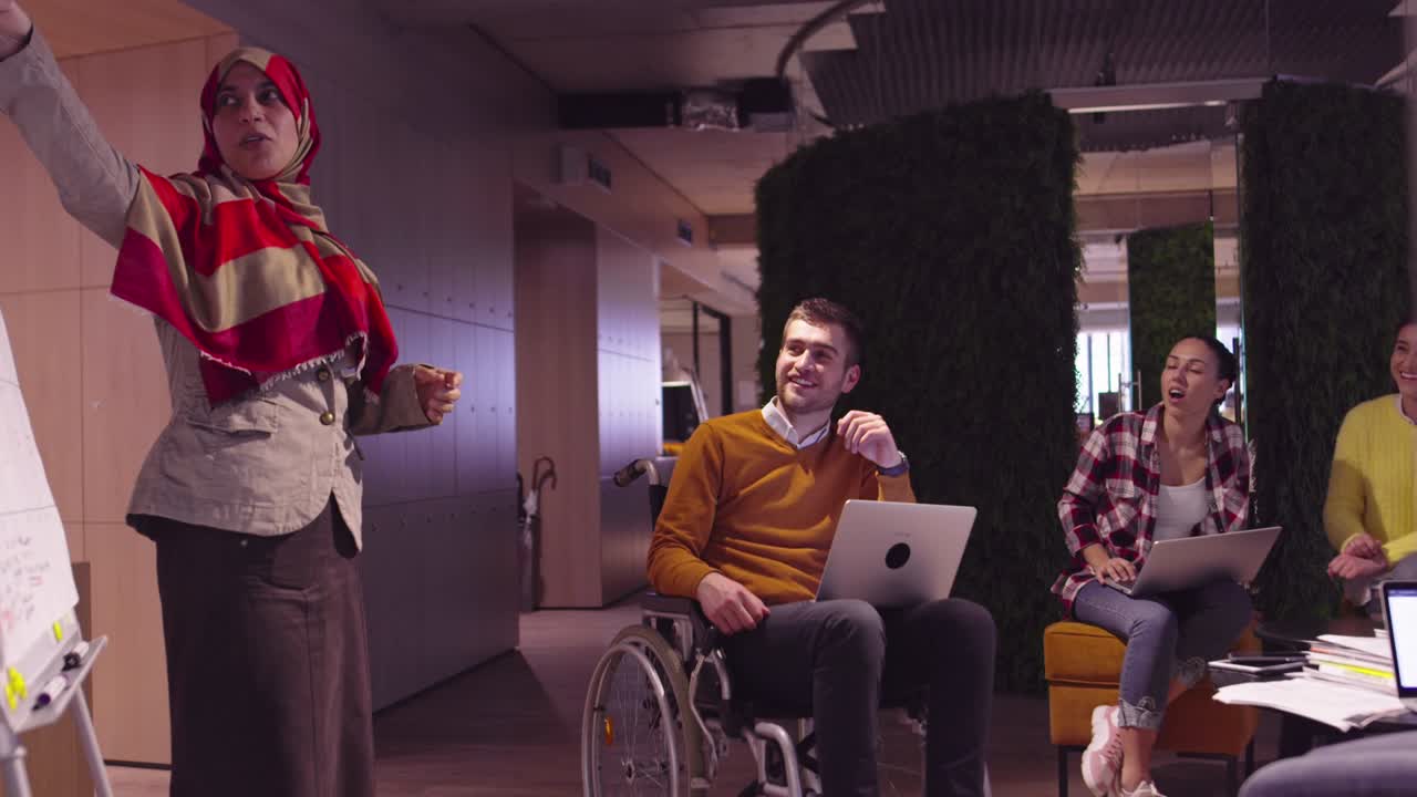 mujer musulmana en una moderna oficina de coworking de espacio abierto dando una presentación al equipo. mujer de negocios árabe de oriente medio en una oficina de startup creativa. empresario discapacitado en silla de ruedas en una reunión de equipo