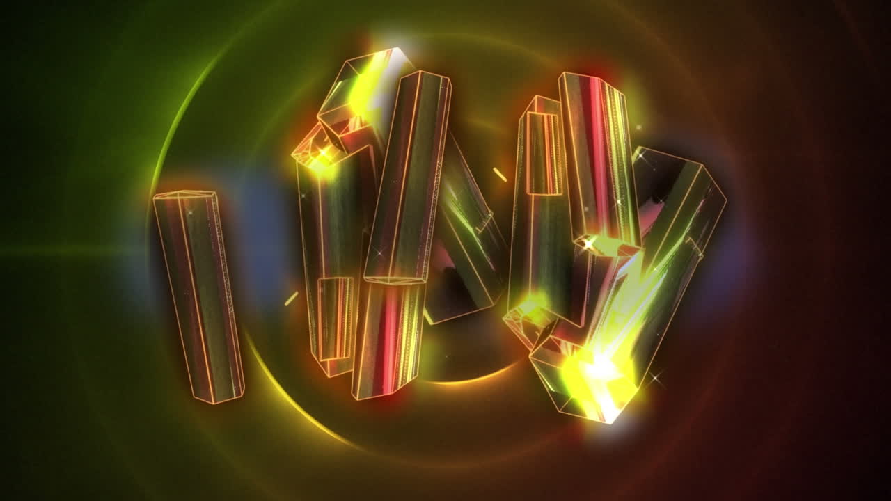 animación digital de cristales dorados contra rastros de luz en espiral verde sobre fondo negro