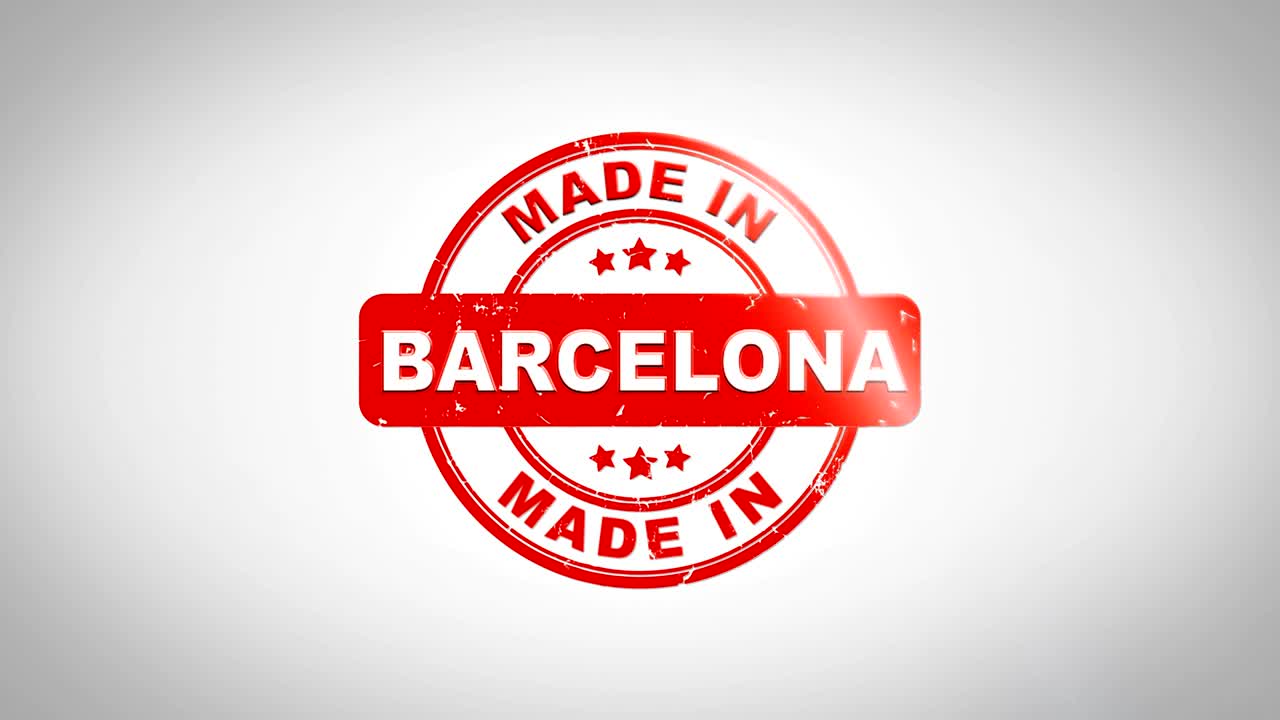 Made In BARCELONA  Signed Stamping Text Wooden Stamp Animation. Red Ink on Clean White Paper Surface Background with Green matte Background Included.