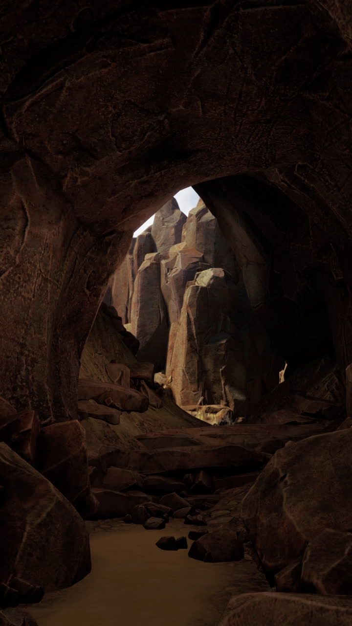 una cueva oscura con una luz que brilla a través de la entrada, revelando un paisaje de montaña rocosa
