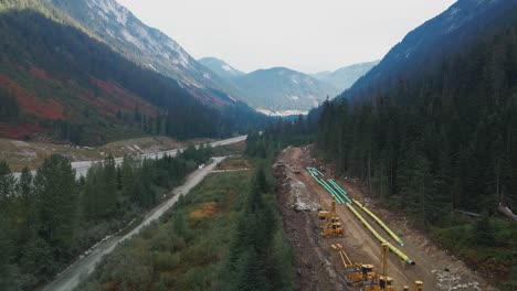 aerial scene of the trans mountain pipeline next to the coquihalla highway in british columbia, canada