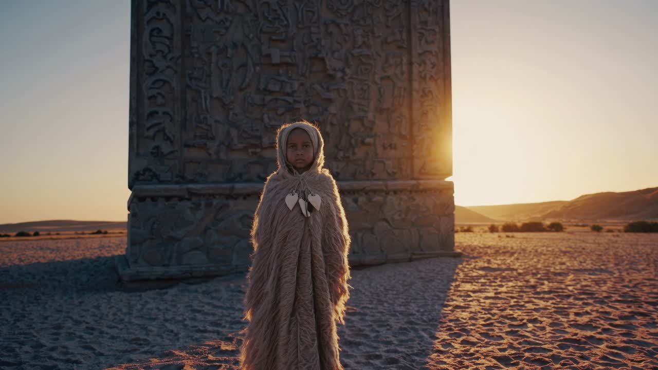 Young person wearing traditional clothing is standing in front of a large, intricately carved stone monument in a desert landscape, with the sun setting behind it, creating a dramatic silhouette