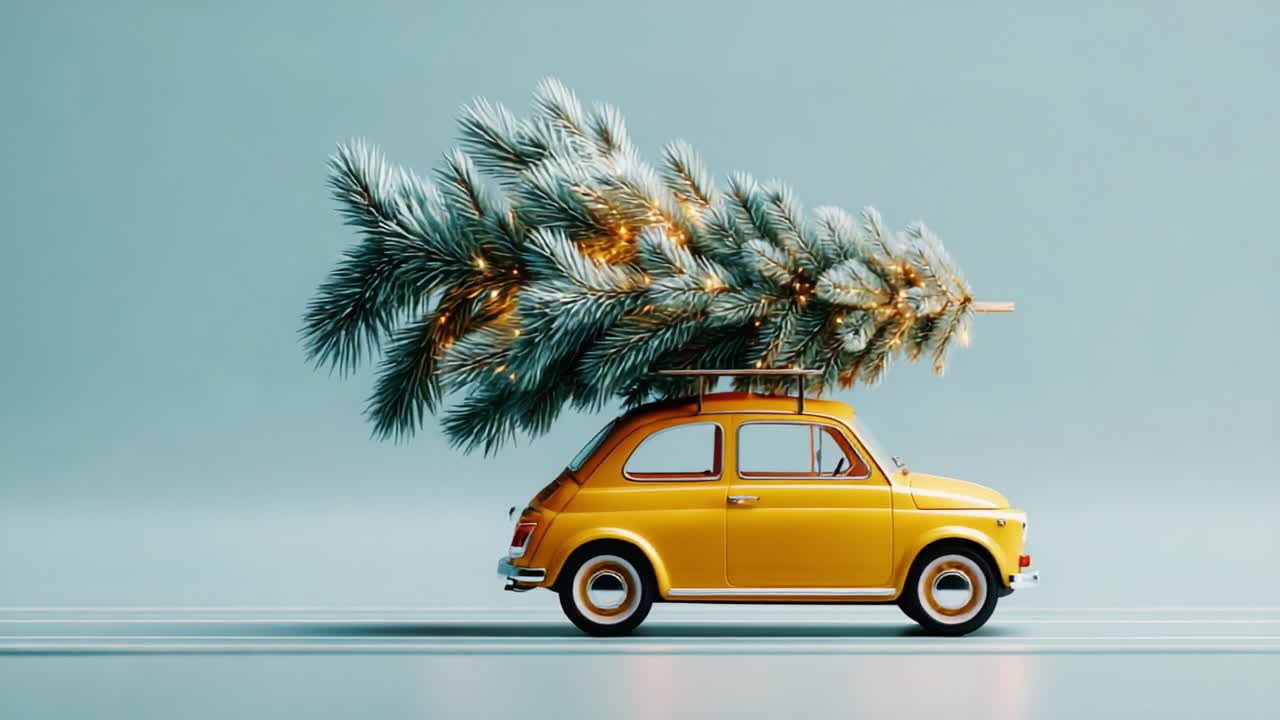 Festive Scene Featuring a Charming Yellow Car with a Christmas Tree on Top, Capturing the Joyful Spirit of the Holiday Season in a Minimalist and Whimsical Setting with Soft, Muted Colors and Warm Lights