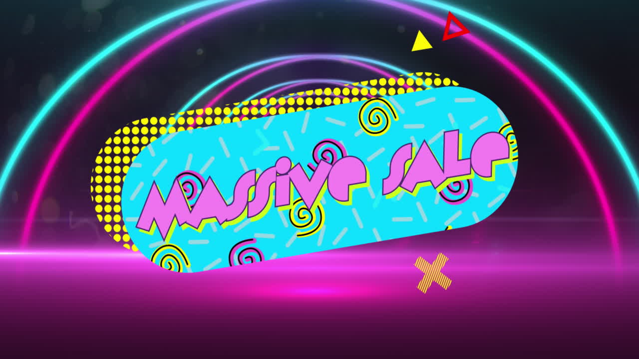 추상적인 모양과 검은색의 네온 반지와 함께 파란색에 분홍색으로 대규모 판매 텍스트의 애니메이션