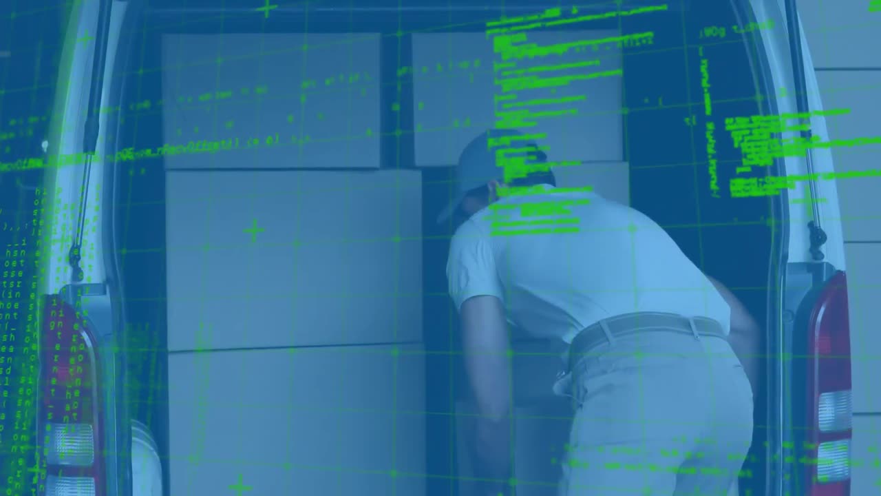 procesamiento de datos contra el repartidor caucásico quitando cajas de entrega de su furgoneta