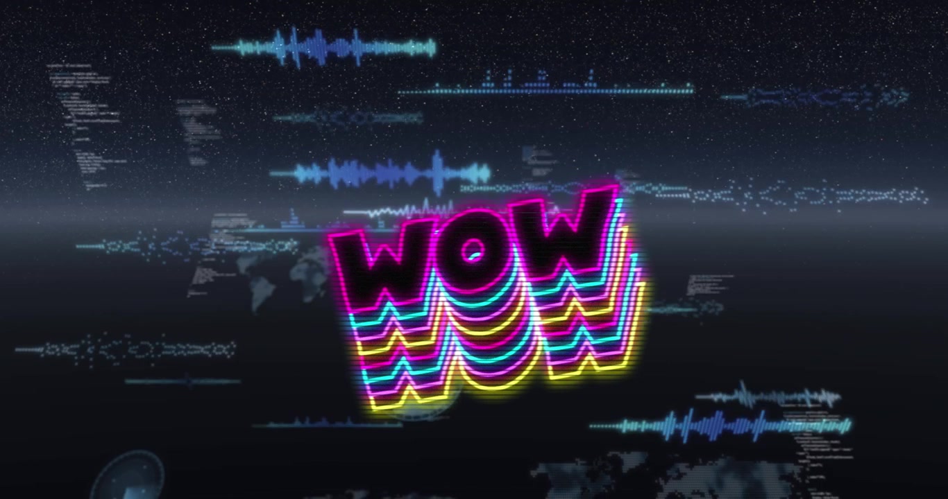 Animation af "wow" tekst og databehandling på sort baggrund.