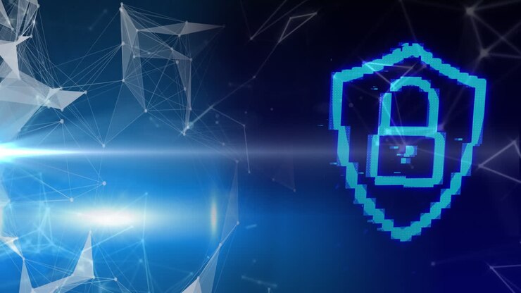 Animazione di un lucchetto di sicurezza online blu luminoso e una rete di connessioni.