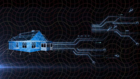 animation of 3d house with circuit board texture over grid pattern against black background