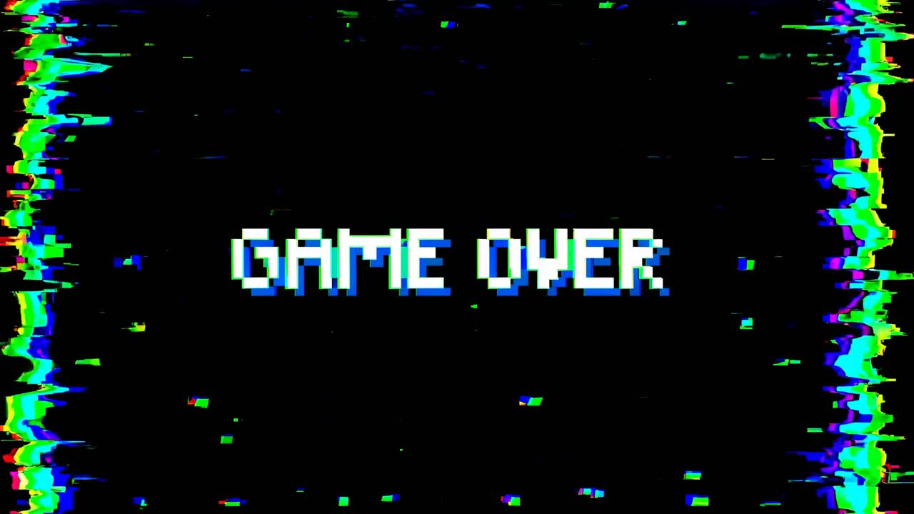 Retro-style video with a pixelated 'Game Over' text on a glitchy screen