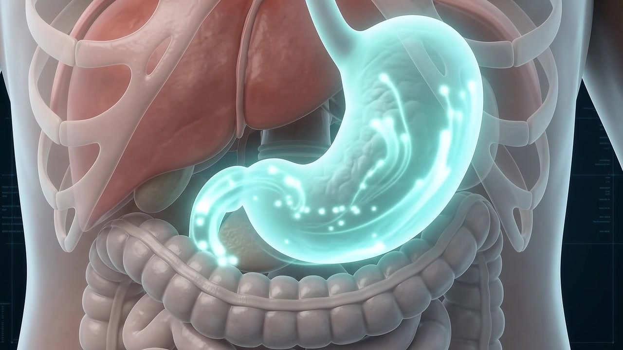 Animazione medica 3D del processo di digestione dello stomaco umano