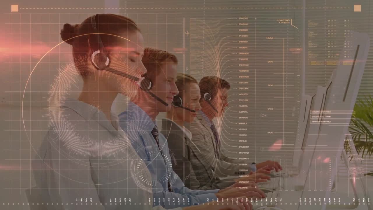 사무실에서 일하는 사업가들에 대한 금융 데이터 처리 활성화