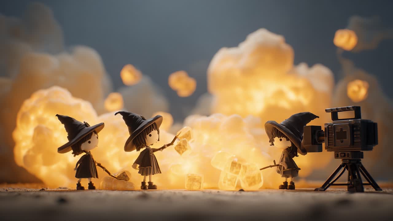 Three Enchanting Witches Captured in a Cinematic Moment: Friends Collaborate on a Mystical Adventure Surrounded by Magical Explosions and Curious Experimentation