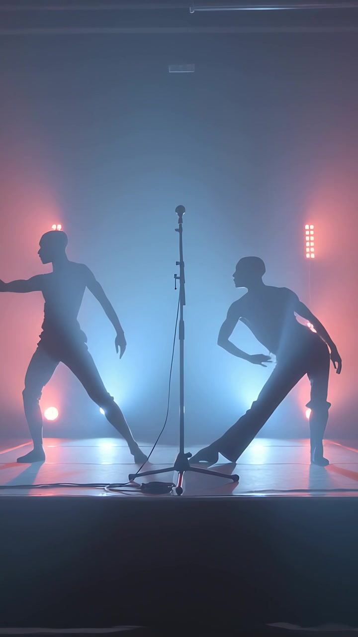 Vertikal video: To dansere i mørkt udstyr indtager bred positur, spejler hinanden omkring mikrofon på scenen, skaber skygger.