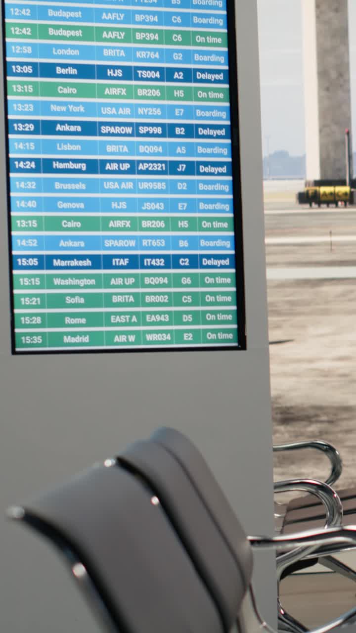 Video verticale: Sala d'attesa partenze vuota di un aeroporto con schermo digitale che mostra le informazioni sui voli.