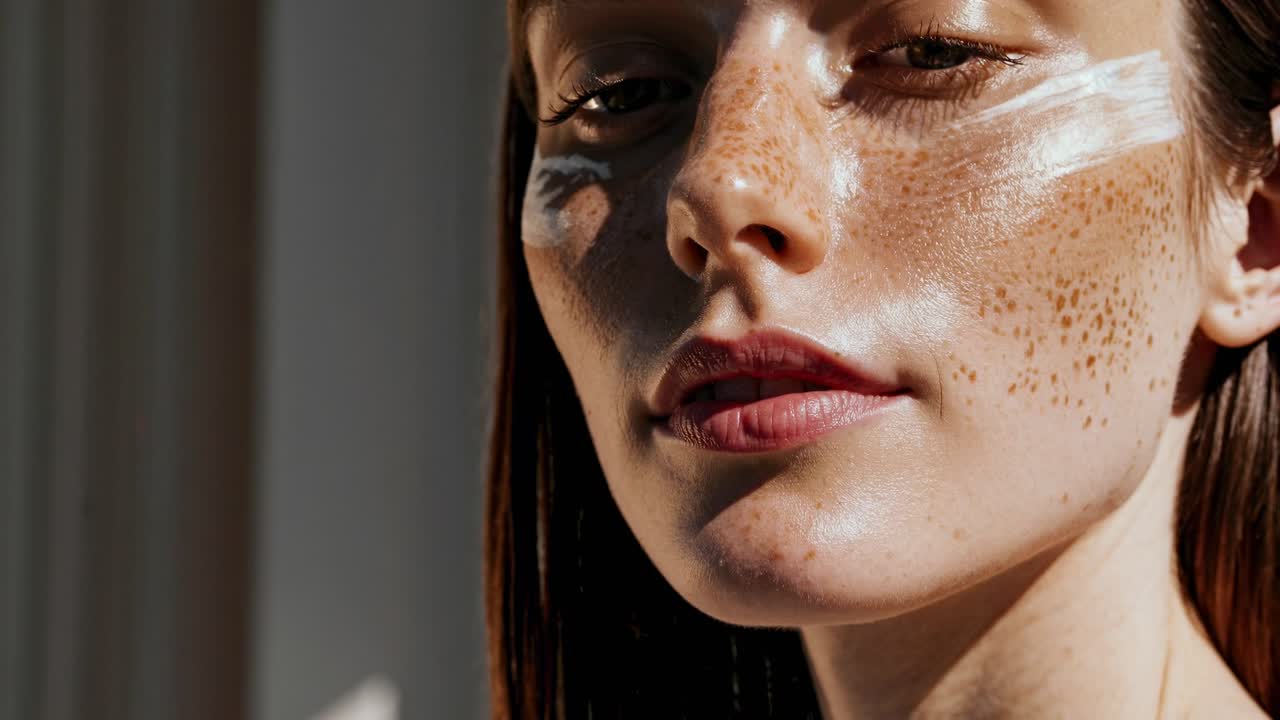 Close-up angle captures a woman's freckled face with sunscreen, highlighting natural beauty