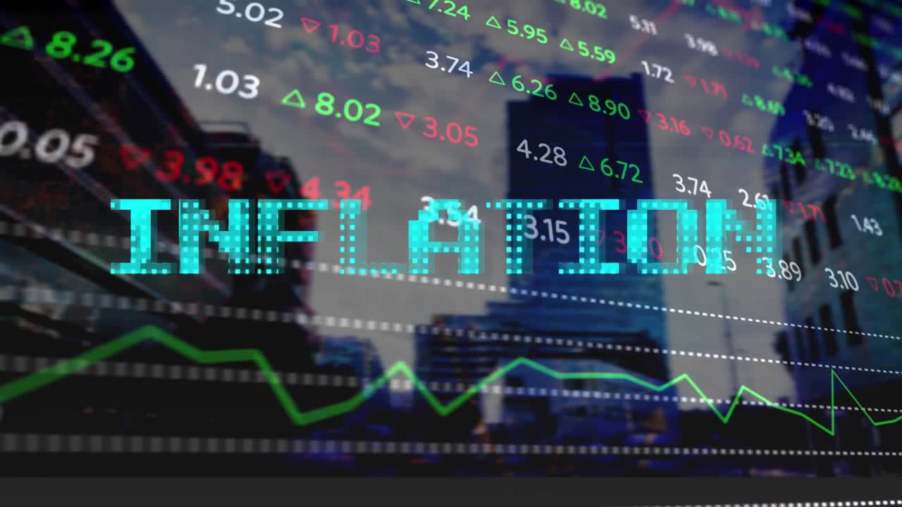 데이터 처리 및 인플레이션 텍스트의 애니메이션 도시 풍경