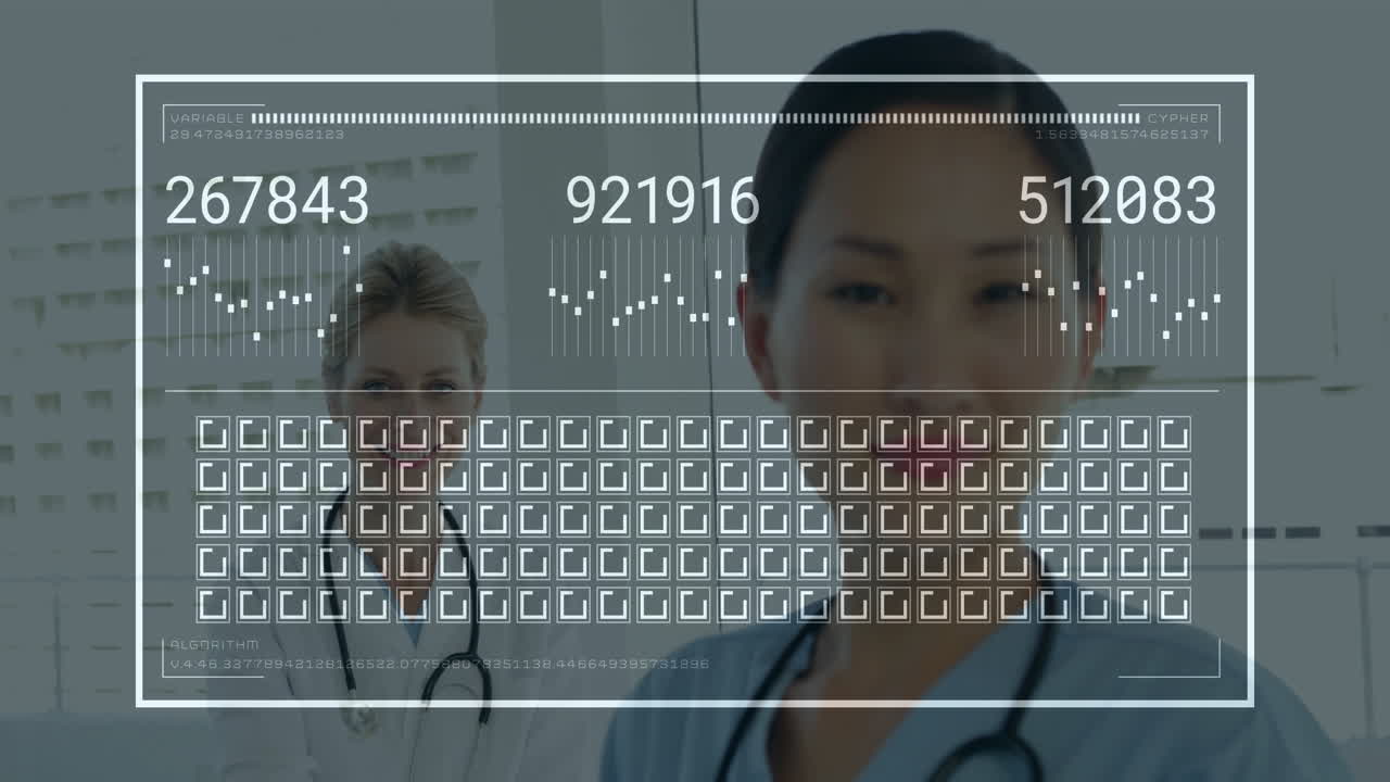 Female medical professionals standing in clinic viewing HUD overlay showing numbers graphs code