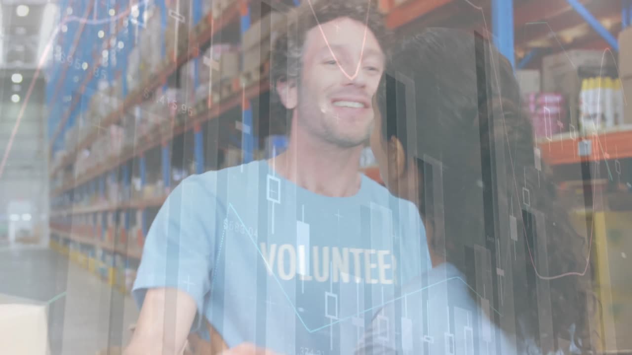 창고에서 포옹하는 사람들에 대한 데이터 처리 애니메이션