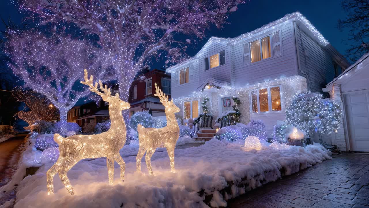 Enchanting Winter Wonderland: A Beautifully Christmas Illuminated Home with Twinkling Lights and Glowing Reindeer in a Snowy Landscape