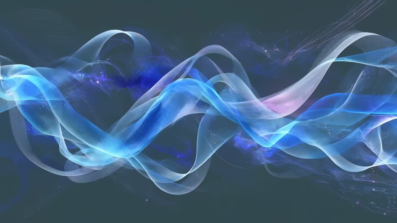 Avvio della riproduzione, nastri che si muovono verso destra, ondeggiando su uno sfondo scuro, emettendo particelle che evocano una nebulosa