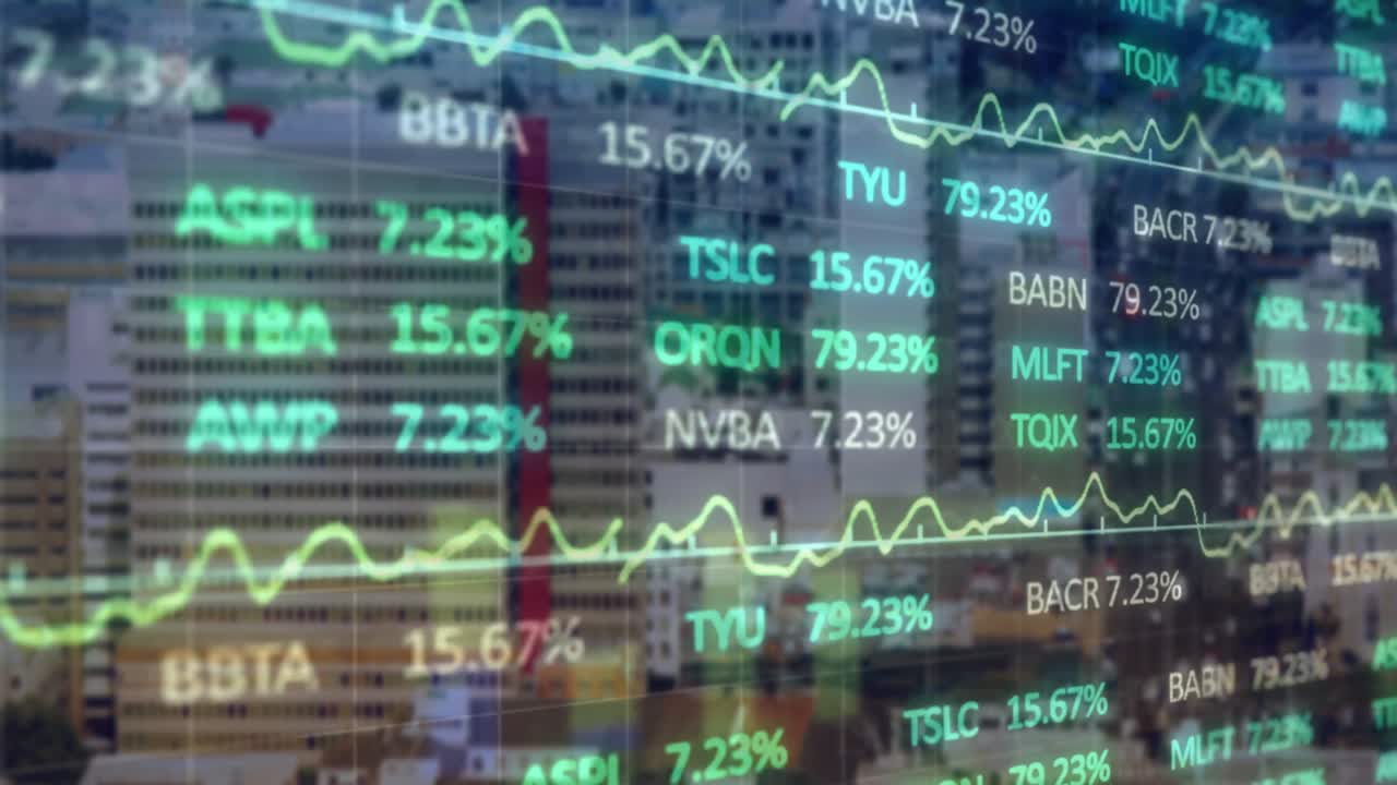 animación de la tabla de negociación sobre el gráfico contra la vista aérea de los edificios modernos en el fondo