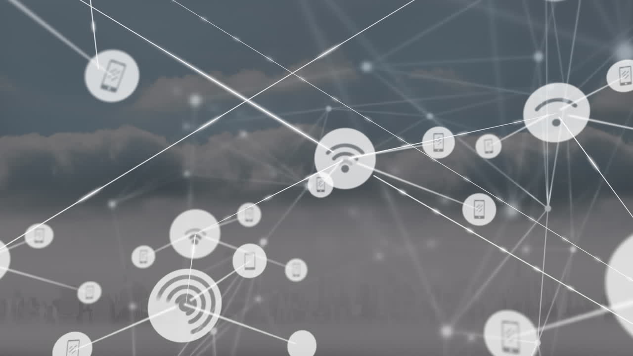 animación de la red de conexiones con íconos y nubes