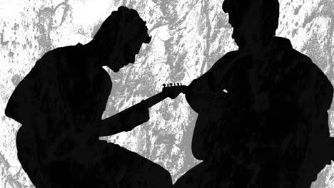 animation of gray and white shapes moving over silhouette of men playing guitar