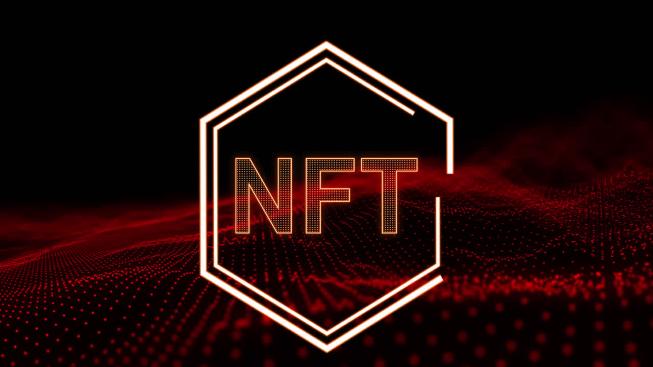 animazione di nft in esagono su sfondo nero con glitter rosso