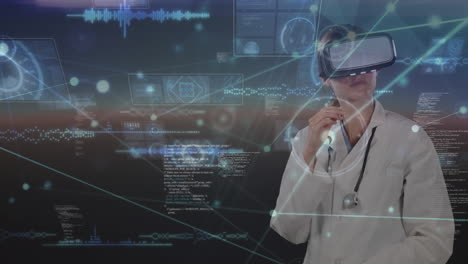 animation of network of connections and data processing over female doctor wearing vr headset