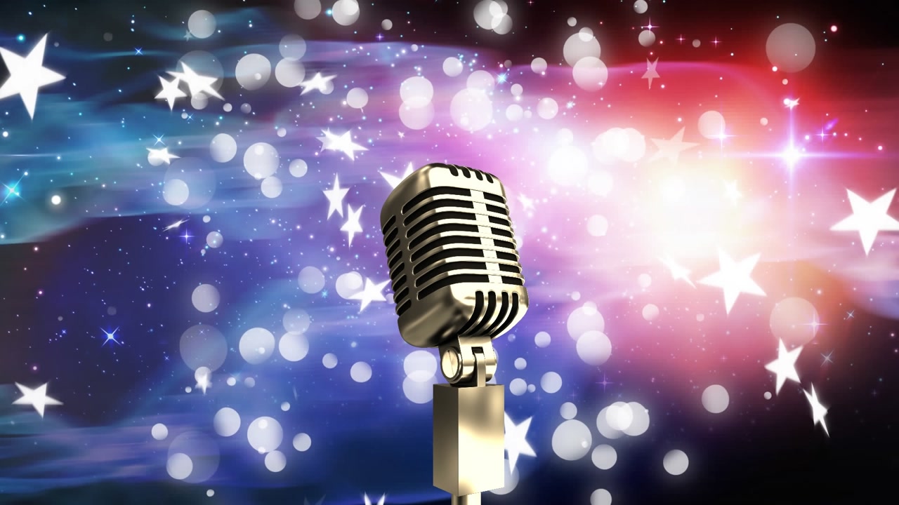 Animation of microphone over white spots and star icons falling against space with copy space