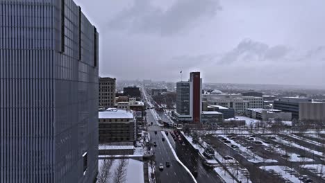 Drone-trucking-shot-down-University-Boulevard-near-United-States-courthouse,-SLC