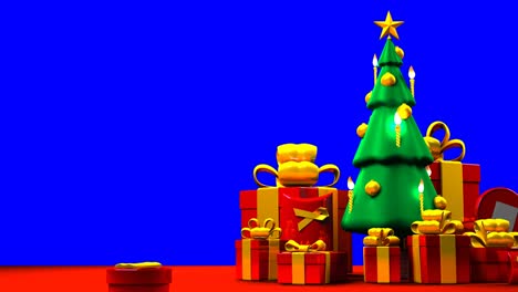 christmas tree and gift boxes on blue chroma key background.