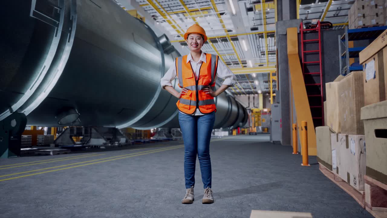 полное тело азиатской женщины-инженера в защитном шлеме смотрит в камеру, стоя с руками акимбо на заводе по производству труб