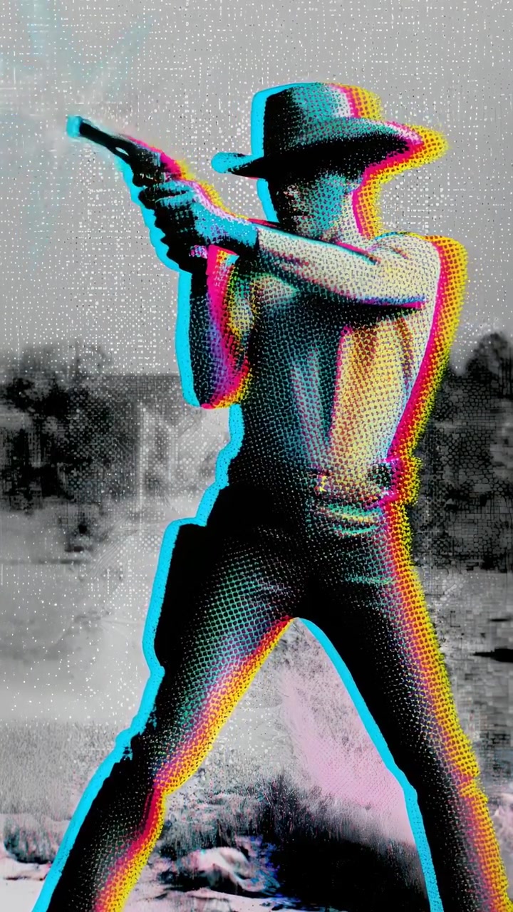Cowboy der skyder med revolver med stiliseret glitch-effekt