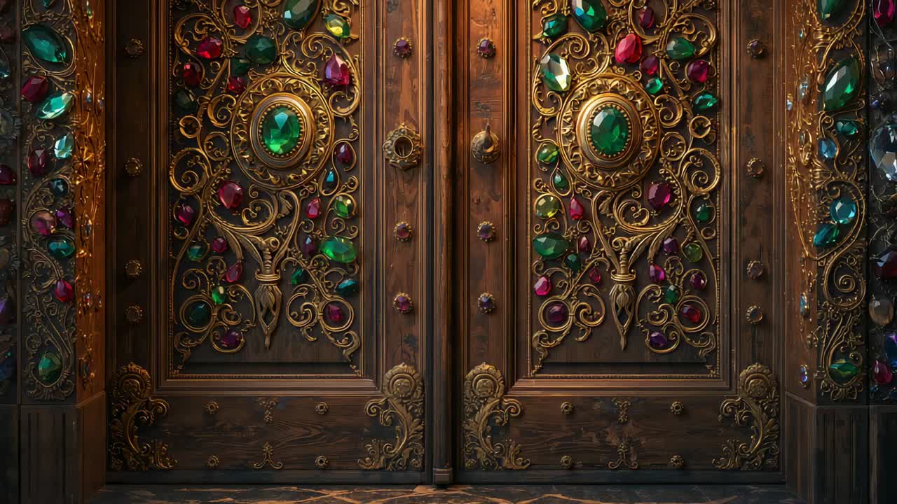 Cámara acercándose para mostrar unas puertas dobles en un palacio. La iluminación hace que una gema verde brille mostrando los detalles