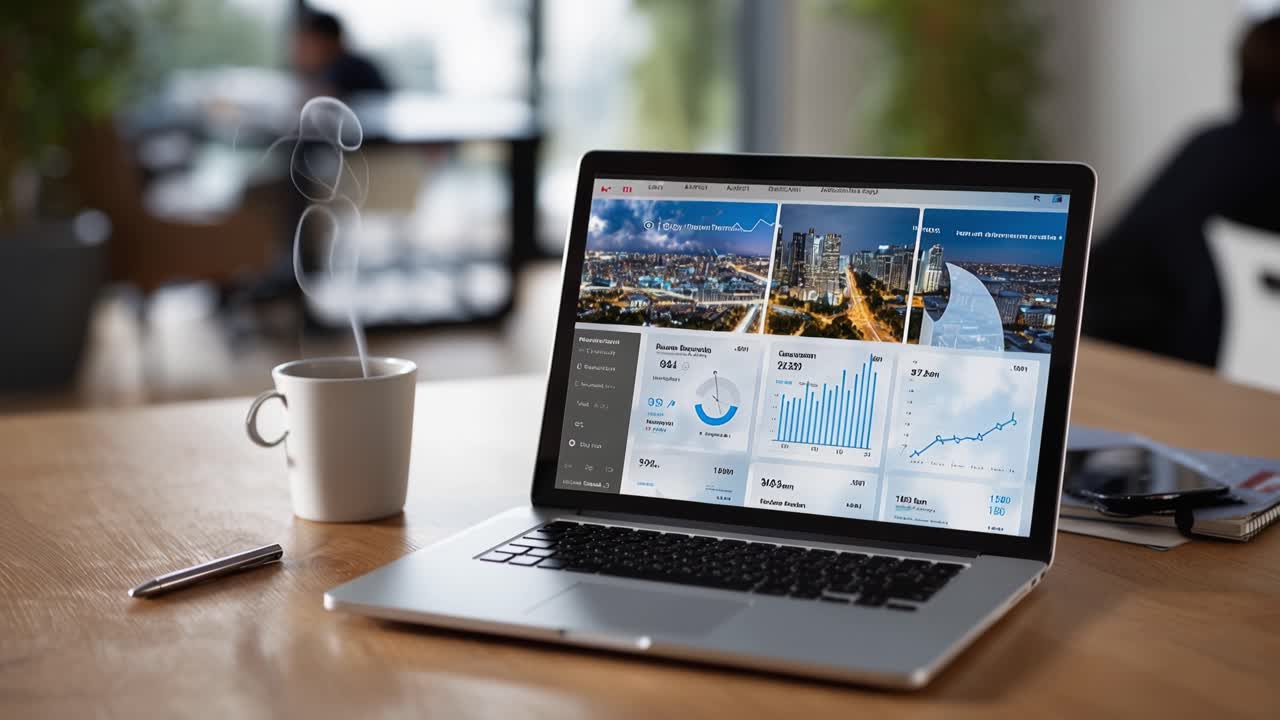 Analyzing Business Metrics and Insights Through Dynamic Graphs on a Laptop Displayed in a Modern Office Environment with Coffee in the Foreground