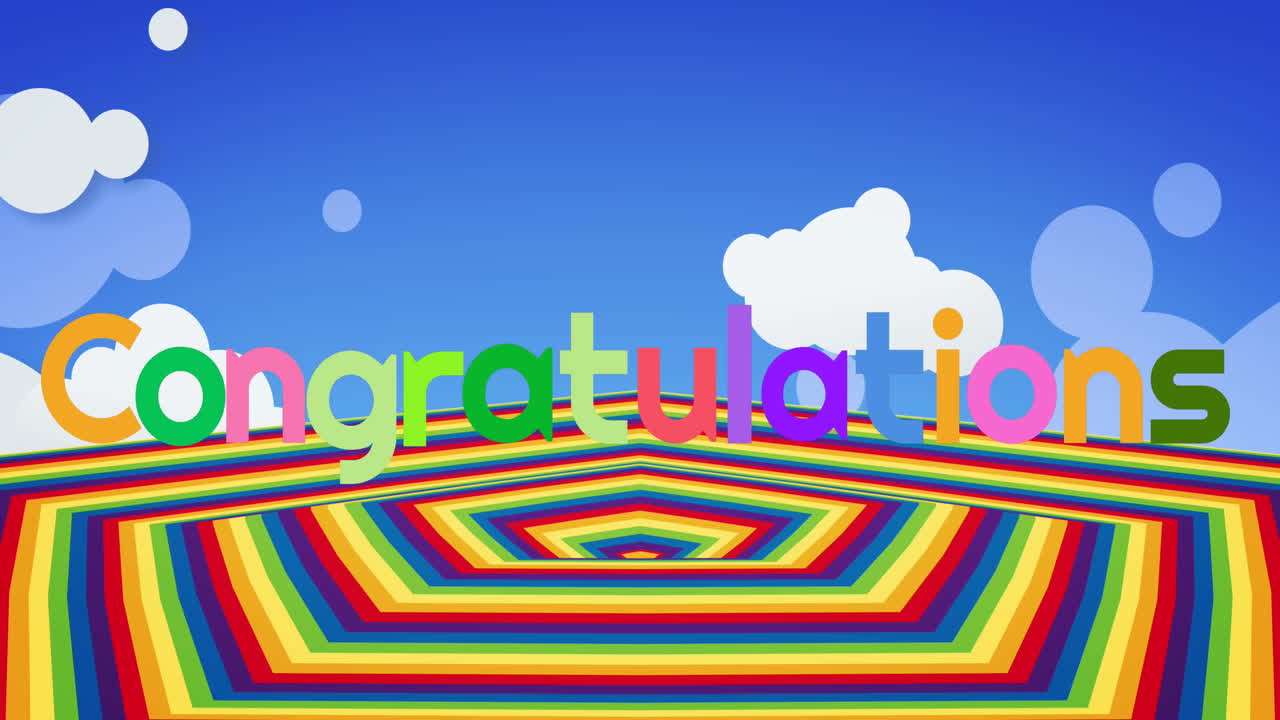 무지개 모양 위에 축하 텍스트의 애니메이션