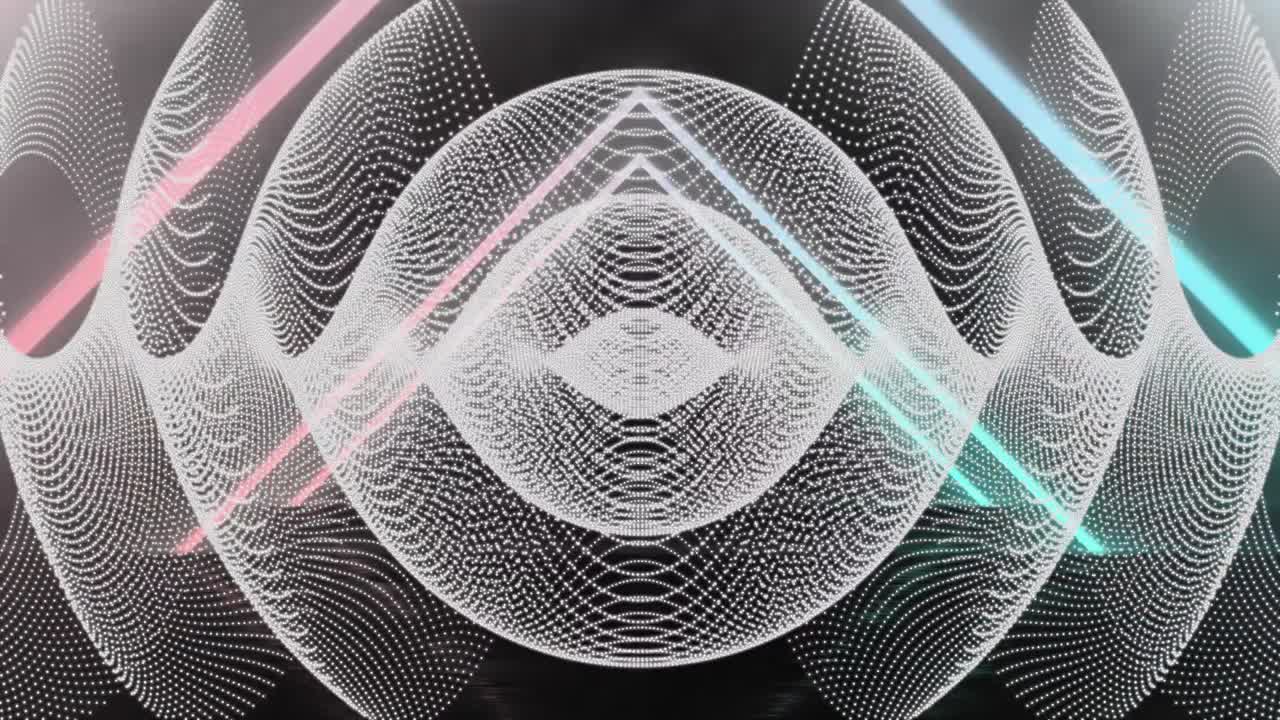Animation of blue and pink neon triangles over white geometry moving on black