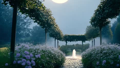 cobblestone path leads to a luminous fountain, framed by lush greenery and a majestic moon rising in the night sky