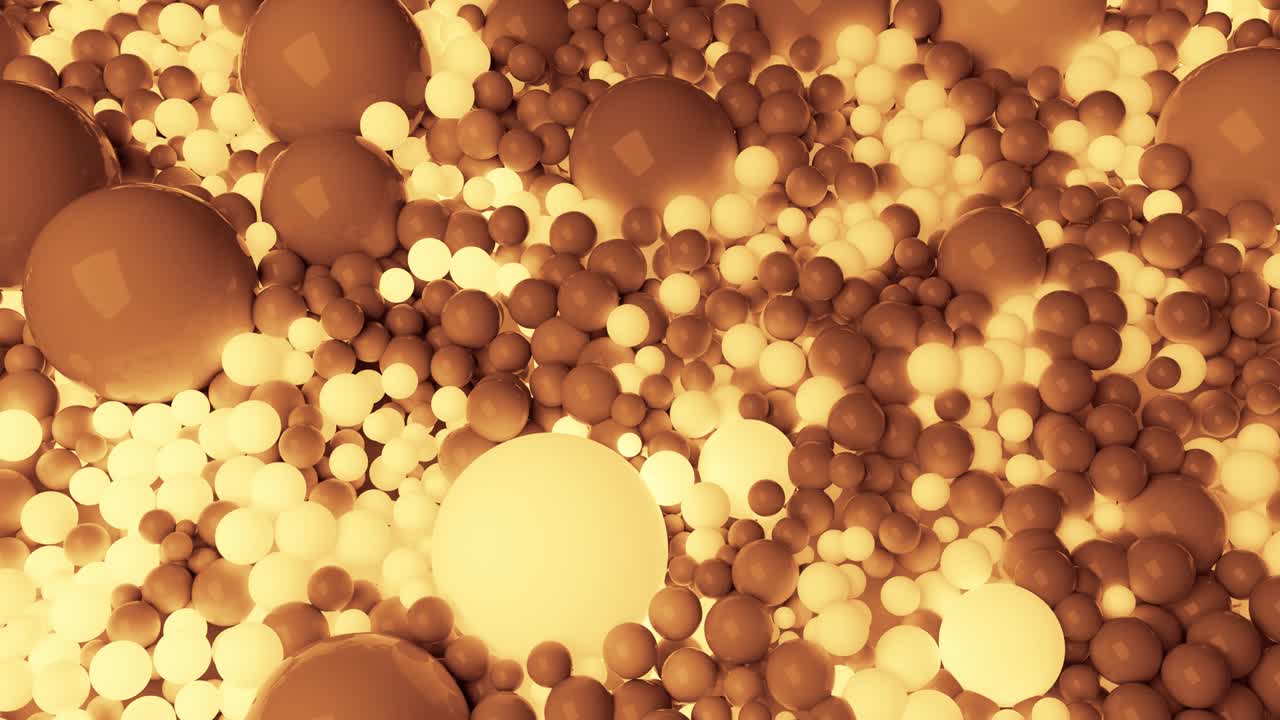 4k 3d 원활한 루프 애니메이션: 아름답고 크고 작은 구 또는 공이 추상적인 간단한 기하학적 배경으로 평면을 고, 일부 구는 빛나고, 세피아와 같은 하나의 색조로 빛납니다.