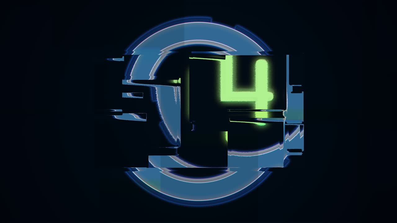 Digital blue film countdown with glitch effect in futuristic style