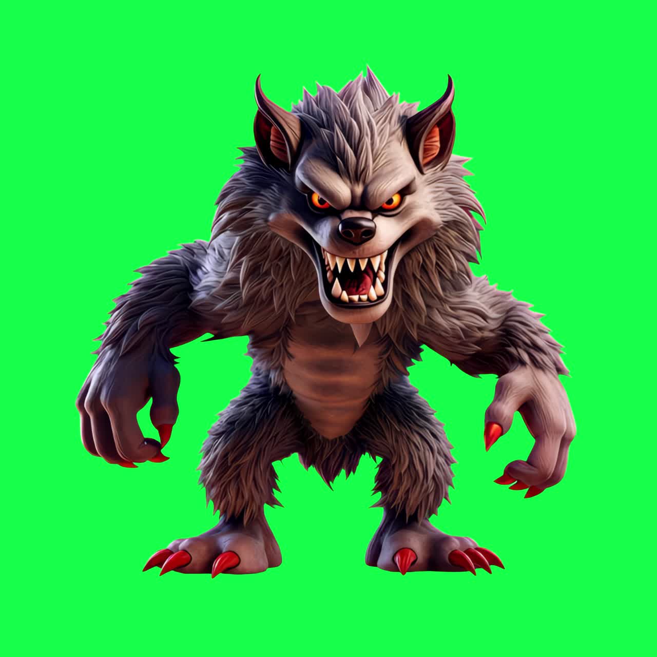 Fierce cartoon werewolf character animation, transparent 4K video, green screen