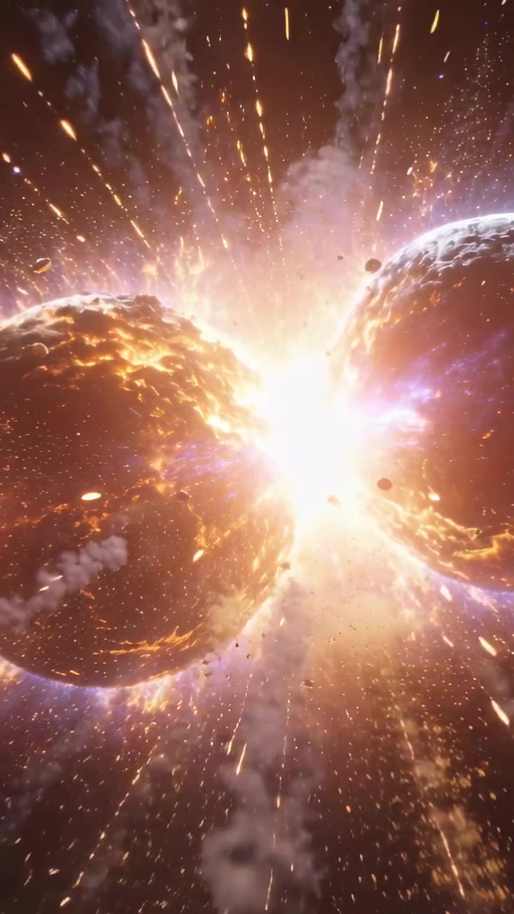 Vertical video: Colliding molten planets by gravity in space, making bright flash and molten ejecta