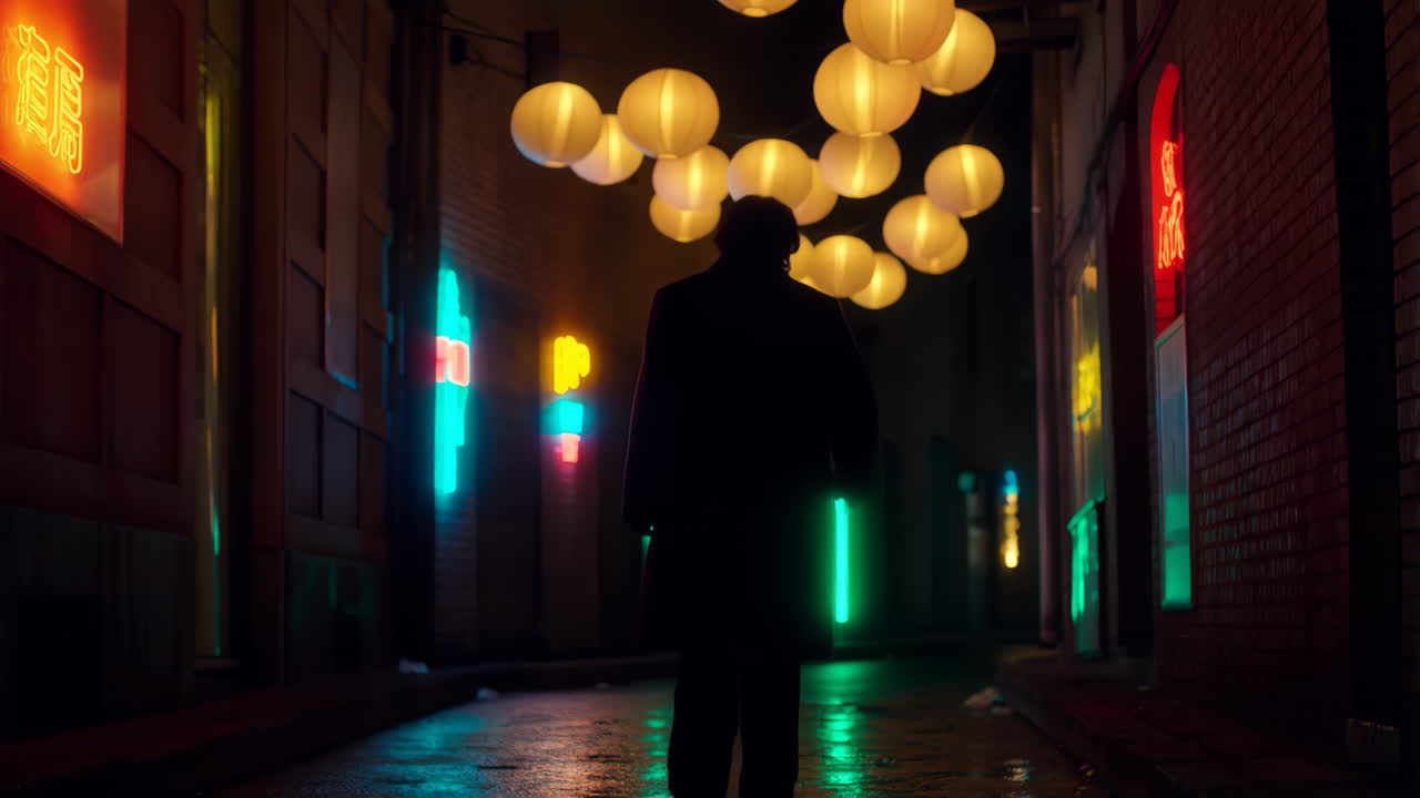 Person walks through a neon-lit alley under glowing lanterns at night