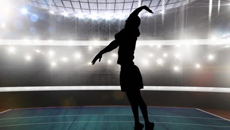 animación de la silueta de una jugadora de voleibol que salta sobre un estadio deportivo