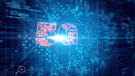 animation of 5g text and digital data processing over circuit board