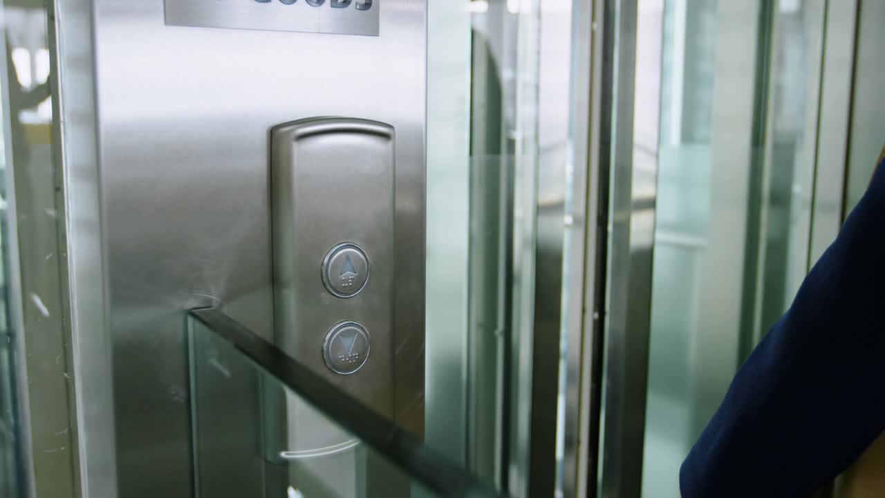 Tech alerts popping on panel, clustering as badges around woman entering elevator for engagement