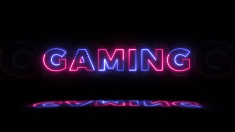 neón brillante palabra 'juego' en un fondo negro con reflejos en un piso. signos de brillo de neón en gráfico de movimiento de bucle sin costuras