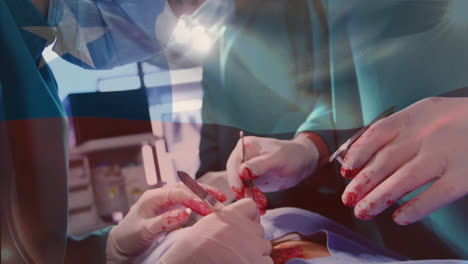 animation of flag of costa rica waving over surgeons in operating theatre