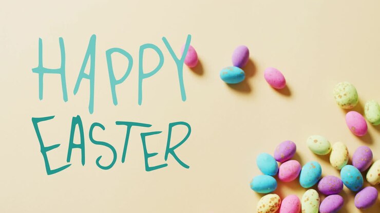 Animation of happy easter text over colourful easter eggs on yellow background
